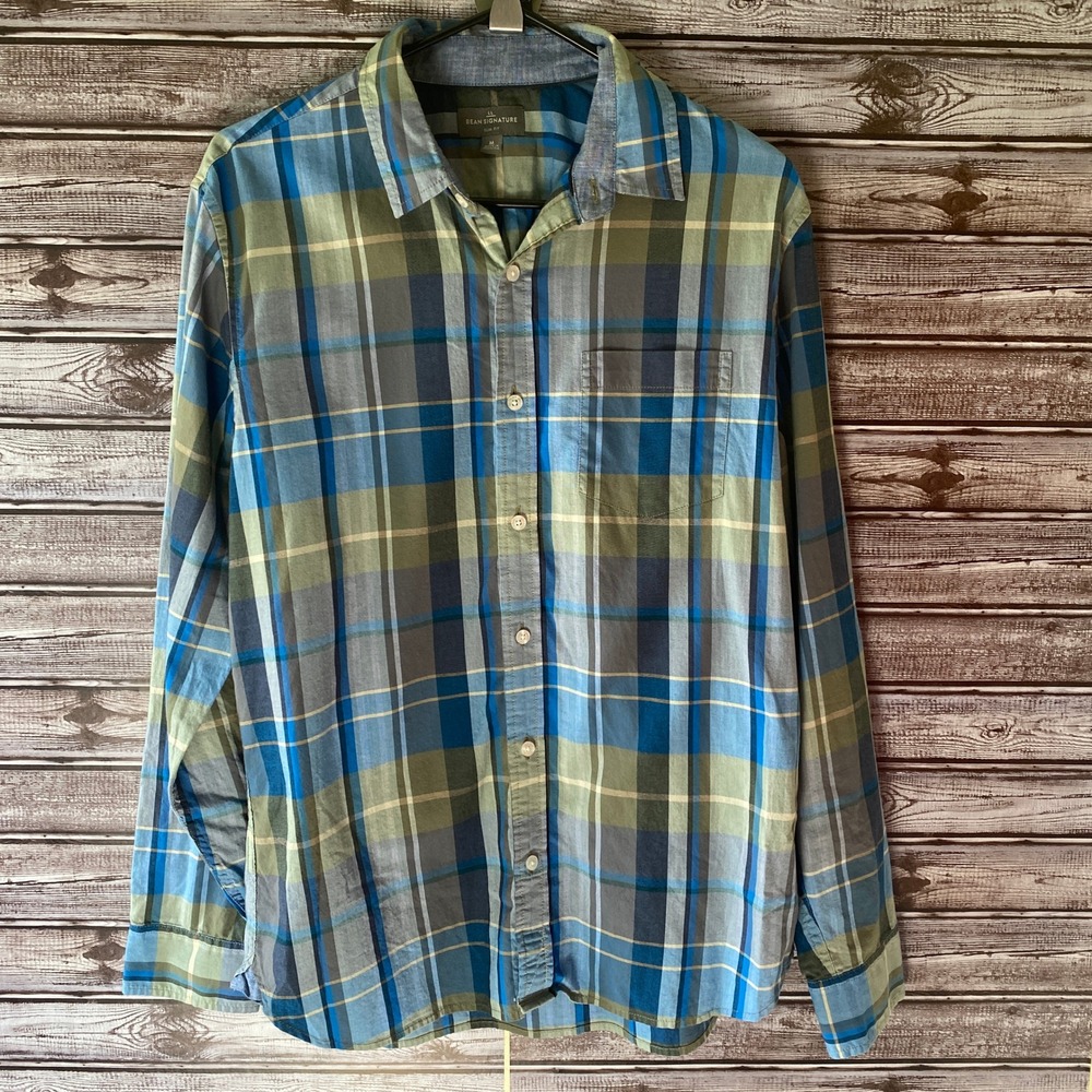 LL Bean Signature Men's Long-Sleeved Button-Down Shirt Size M Slim-Fit Plaid‎
